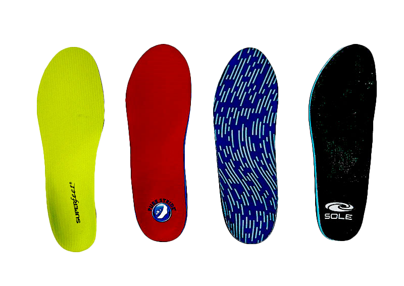 A row of different colored insoles lined up.